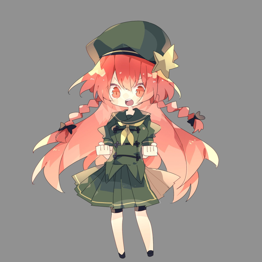 1girl adapted_costume beret black_bow black_footwear bow braid chibi clenched_hands commentary_request full_body green_headwear green_shirt green_skirt grey_background hair_bow hat highres hong_meiling long_hair looking_at_viewer neckerchief nikorashi-ka open_mouth orange_eyes orange_hair pleated_skirt sailor_collar shirt short_sleeves shorts shorts_under_skirt simple_background skirt solo star touhou twin_braids yellow_neckwear