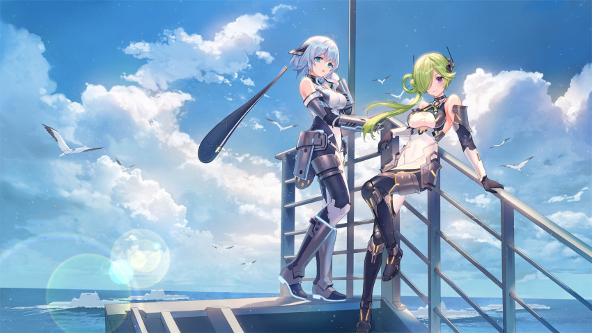 2girls animal aniya_jung_(girl_cafe_gun) bare_shoulders bird black_gloves blue_eyes blue_sky bodysuit boots breasts clouds cloudy_sky criin day elbow_gloves gauntlets girl_cafe_gun gloves green_hair hair_over_one_eye hair_rings highres large_breasts lens_flare long_hair looking_at_viewer mechanical_boots military military_vehicle multiple_girls nie_shirou_(girl_cafe_gun) ocean outdoors revealing_clothes see-through ship short_hair side_ponytail silver_hair sky standing sunlight violet_eyes warship watercraft wide_shot