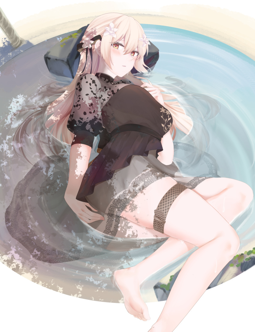 1girl bare_legs barefoot beach black_dress blonde_hair blush bow breasts brown_eyes dress feet flower girls_frontline hair_bow hair_flower hair_ornament hair_ribbon highres legs long_hair looking_at_viewer medium_breasts no_shoes orange_eyes ots-14_(girls_frontline) ribbon ru_zhai simple_background sitting sitting_on_lap sitting_on_person soles solo strap tight water