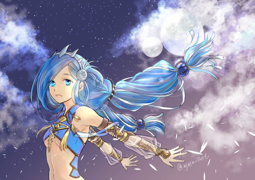 1girl :d aga3 armpits arms_behind_back bangs blue_eyes blue_hair breasts clouds dana_(ys) detached_sleeves diadem eyebrows_visible_through_hair floating_hair full_moon hair_ribbon long_hair long_sleeves looking_at_viewer moon multiple_moons open_mouth outdoors outstretched_arms ribbon see-through shiny shiny_hair sky small_breasts smile solo star_(sky) starry_sky swept_bangs twintails twitter_username under_boob very_long_hair white_ribbon ys ys_viii_lacrimosa_of_dana