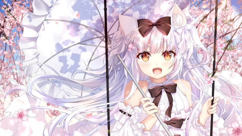 1girl animal_ears azur_lane bare_shoulders black_bow blush bow cat_ears center_frills cherry_blossoms dress dress_bow eyebrows_visible_through_hair frilled_dress frilled_umbrella frills hair_bow hei_kuang_jun highres holding holding_umbrella long_hair looking_at_viewer off-shoulder_dress off_shoulder open_mouth outdoors parasol silver_hair sleeveless sleeveless_dress smile solo tree two_side_up umbrella white_bow white_dress white_umbrella yukikaze_(azur_lane) yukikaze_(swings-sama)_(azur_lane)