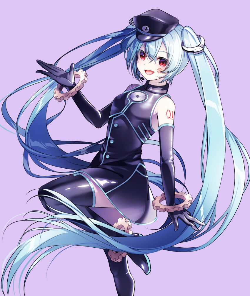 1girl aaru absurdres anklet aqua_hair bare_shoulders black_dress black_headwear black_legwear bracelet cuffs disc dress elbow_gloves gear_print gears gloves hand_up handcuffs hatsune_miku highres jewelry leg_up looking_at_viewer open_mouth purple_background red_eyes sadistic_music_factory_(vocaloid) shiny shiny_clothes shoulder_tattoo sleeveless sleeveless_dress smile solo tattoo thigh-highs twintails vocaloid