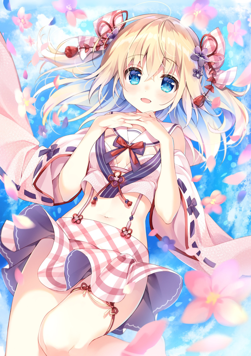 1girl absurdres argyle blonde_hair blue_eyes bow bowtie breasts crop_top crop_top_overhang detached_sleeves emori_el emori_miku_project flower garter_straps hair_bow hair_ornament highres interlocked_fingers japanese_clothes kanzashi long_hair looking_at_viewer lying medium_breasts midriff miniskirt navel on_back open_mouth own_hands_together petals pink_flower pink_shirt sailor_collar shirt skirt solo stomach suimya thigh_strap thighs two_side_up water white_skirt wide_sleeves