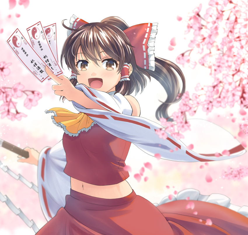 1girl ascot bangs bare_shoulders blush bow brown_eyes brown_hair cherry_blossoms detached_sleeves frilled_bow frills gohei hair_bow hair_tubes hakurei_reimu haniwa_(leaf_garden) highres medium_hair ofuda open_mouth petals red_bow red_shirt red_skirt ribbon_trim shirt skirt skirt_set sleeveless sleeveless_shirt smile touhou wide_sleeves yellow_neckwear