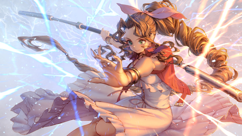 1girl aerith_gainsborough bracelet brown_hair closed_mouth dress final_fantasy final_fantasy_vii green_eyes hair_ribbon highres holding holding_staff jewelry lilithbloody long_hair pink_ribbon ponytail ribbon solo staff very_long_hair white_dress