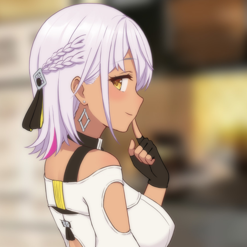 1girl arm_cutout back_cutout blush braid breasts carole_peppers closed_mouth commentary_request earrings eyelashes finger_to_mouth fingerless_gloves fukuro_ko_(greentea) gloves grey_earrings hair_behind_ear hair_ornament hair_ribbon hand_up honkai_(series) honkai_impact_3rd jewelry looking_at_viewer looking_to_the_side medium_hair multicolored_hair pink_hair ribbon silver_hair smile solo streaked_hair yellow_eyes