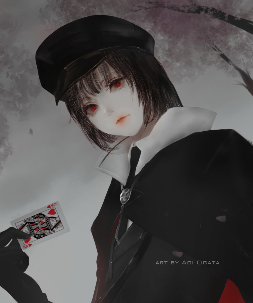 1girl aoi_ogata artist_name black_cape black_eyes black_gloves black_hair black_headwear black_jacket cape card commentary commission dutch_angle gloves glowing glowing_eyes hand_up hat heart highres holding holding_card jacket looking_at_viewer original peaked_cap playing_card red_lips red_pupils solo tree upper_body