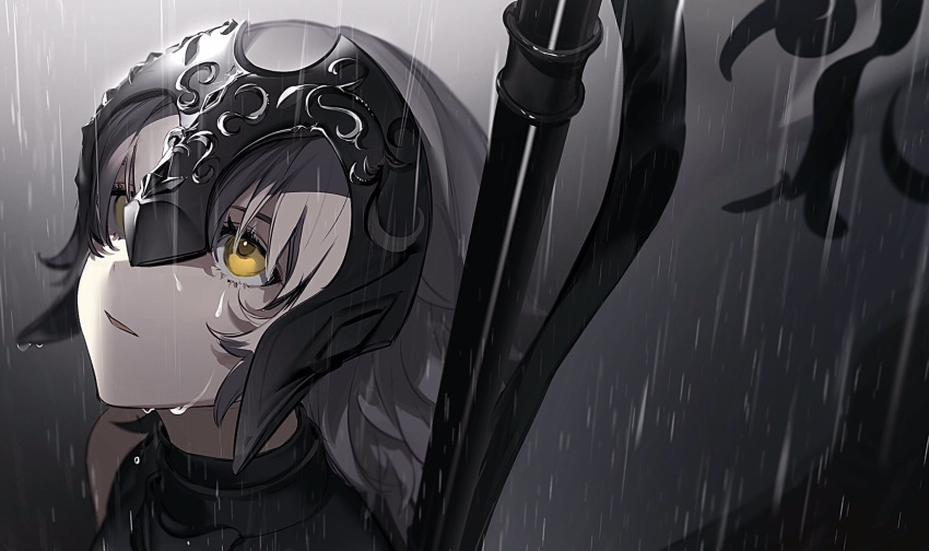 1girl armor armored_dress bangs bare_shoulders breasts fate/grand_order fate_(series) flag headpiece highres holding holding_flag hoojiro jeanne_d'arc_(alter)_(fate) jeanne_d'arc_(fate)_(all) large_breasts looking_up open_mouth rain silver_hair water_drop wet wet_hair yellow_eyes