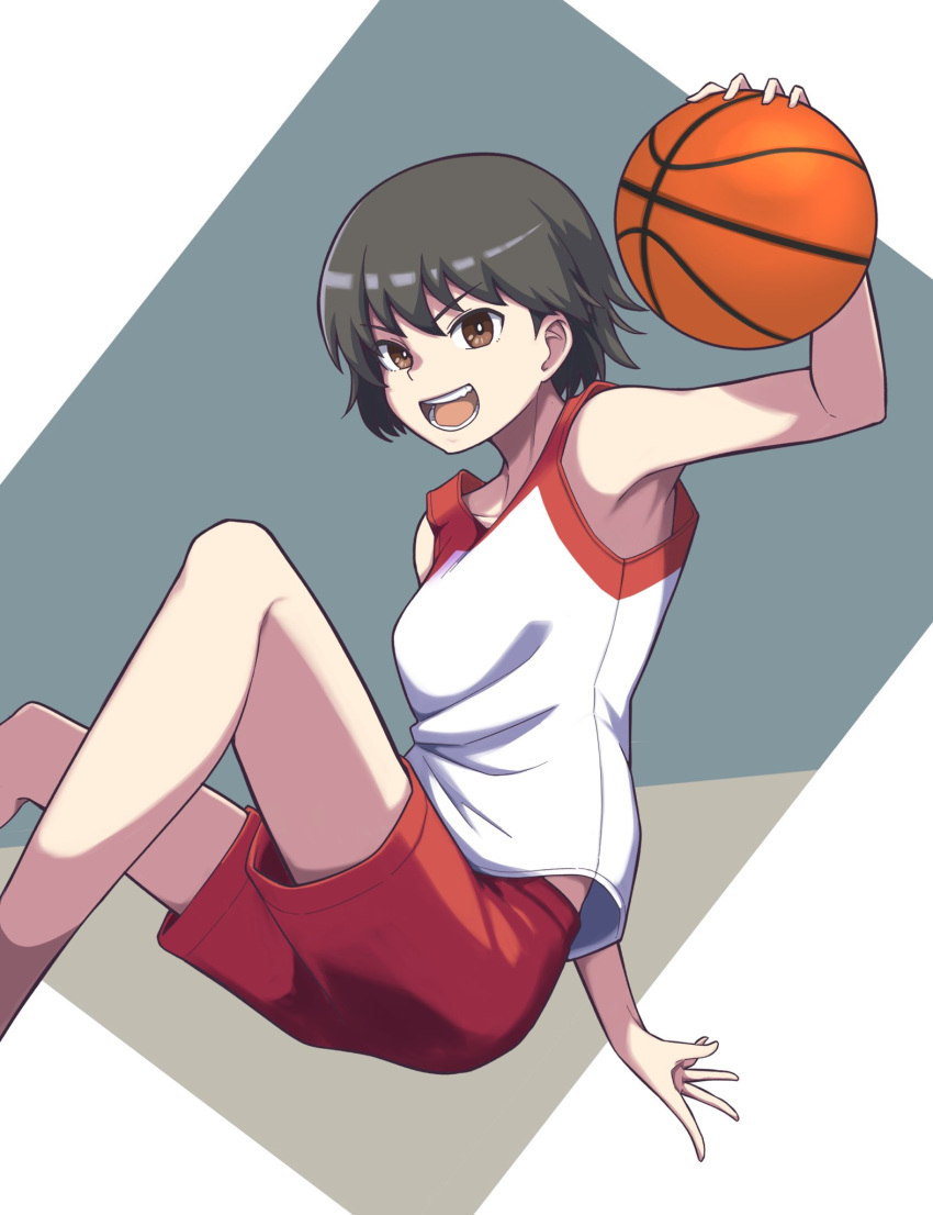 1girl alternate_costume ball bangs basketball basketball_uniform brown_eyes brown_hair commentary girls_und_panzer highres holding holding_ball isobe_noriko looking_at_viewer open_mouth red_shorts ringer3727 shirt short_hair shorts smile solo sportswear white_shirt
