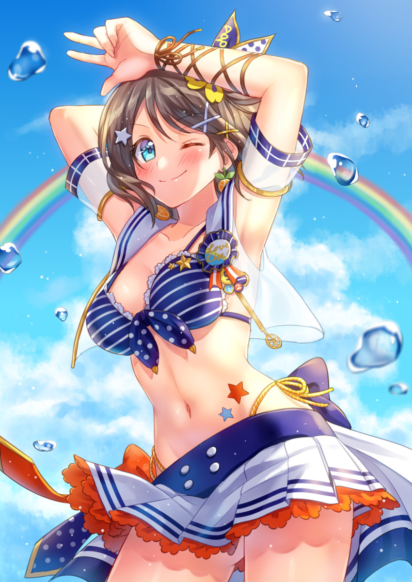 1girl ;) armpits arms_up bikini bikini_top blue_sky breasts brown_hair closed_mouth clouds collarbone commentary_request day eyebrows_visible_through_hair hair_ornament highres hoshisakura_(starblossom) looking_at_viewer love_live! love_live!_sunshine!! medium_breasts navel one_eye_closed pleated_skirt rainbow short_hair skirt sky smile solo striped striped_bikini striped_bikini_top swimsuit v watanabe_you white_skirt x_hair_ornament