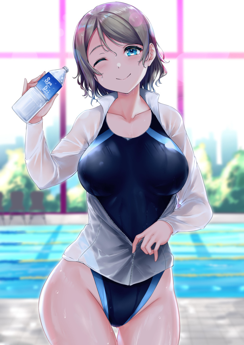 1girl absurdres black_swimsuit blue_eyes blurry bottle chair competition_swimsuit cowboy_shot depth_of_field grey_hair highleg highleg_swimsuit highres indoors jacket looking_at_viewer love_live! love_live!_sunshine!! one-piece_swimsuit one_eye_closed open_clothes open_jacket pool rama_(yu-light8) short_hair smile solo standing swimsuit swimsuit_under_clothes two-tone_swimsuit watanabe_you wet wet_clothes wet_swimsuit white_jacket