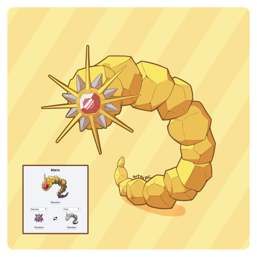 artsy-rc border character_name fusion gen_1_pokemon highres looking_at_viewer no_humans onix pokemon pokemon_(creature) signature starmie striped striped_background white_border yellow_theme