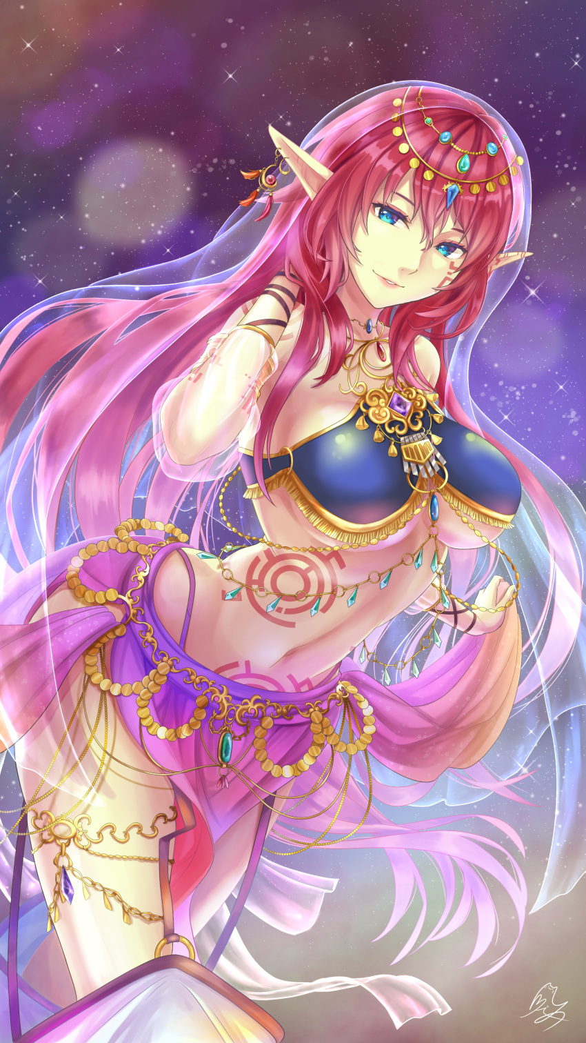 1girl absurdres arm_tattoo blue_eyes breasts chain commentary_request crescent crescent_earrings dancer earrings facial_tattoo gem gold_chain hair_between_eyes hair_ornament highres jewelry large_breasts long_hair midriff myuria_tionysus navel necklace pink_hair pointy_ears pubic_tattoo revealing_clothes see-through shoulder_tattoo skirt smile star_ocean star_ocean_the_last_hope tattoo totomiya veil