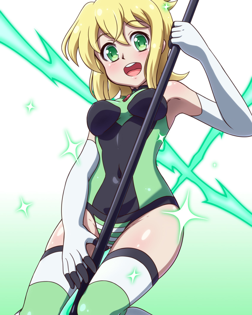 1girl akatsuki_kirika blonde_hair blush breasts elbow_gloves gloves green_eyes green_leotard highres leotard looking_at_viewer medium_breasts open_mouth pole senki_zesshou_symphogear shiny shiny_clothes shiny_hair shiny_skin short_hair solo striped striped_legwear stripper_pole teeth thigh-highs yosuzu