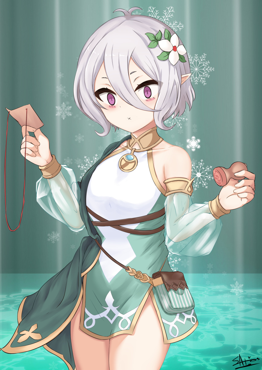 1girl :x absurdres antenna_hair bangs closed_mouth collarbone detached_sleeves dress flower green_sleeves grey_hair hair_between_eyes hair_flower hair_ornament highres holding ichikawayan kokkoro_(princess_connect!) long_sleeves looking_at_viewer pointy_ears princess_connect! princess_connect!_re:dive puffy_long_sleeves puffy_sleeves see-through see-through_sleeves signature sleeveless sleeveless_dress snowflakes solo standing v-shaped_eyebrows violet_eyes white_dress white_flower