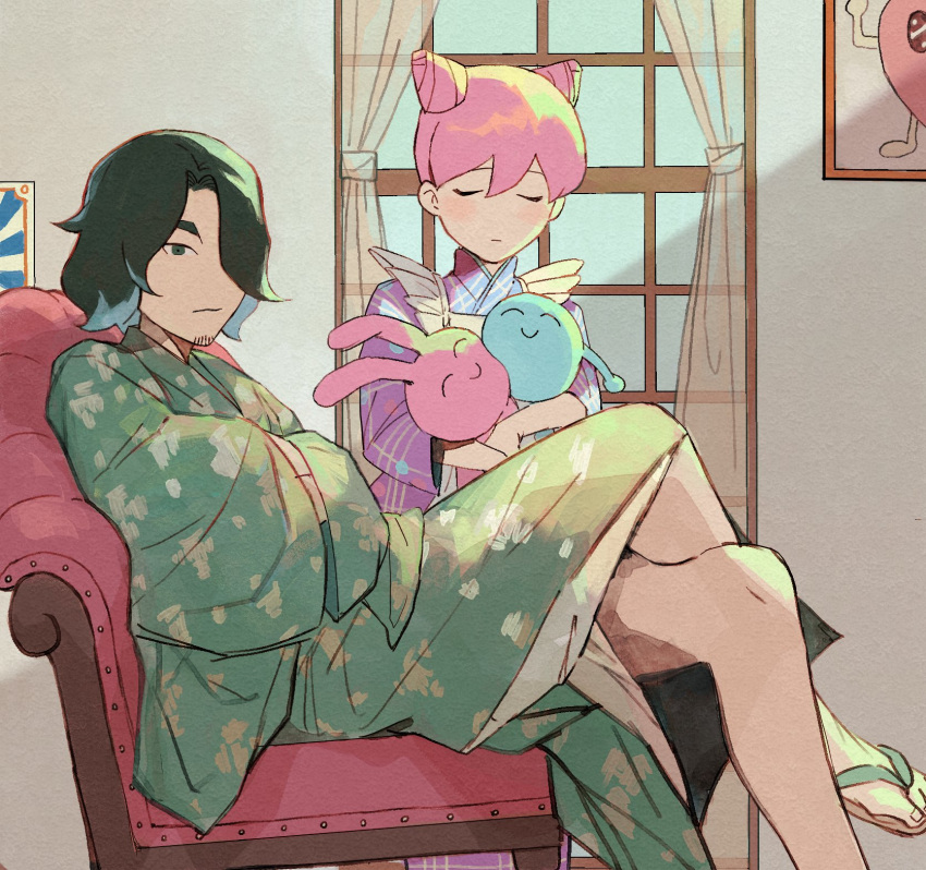 1boy 1girl alternate_costume apron black_hair blush cone_hair_bun crossed_legs double_bun facial_hair facing_viewer flip-flops foot_out_of_frame goatee_stubble green_kimono hacchi's_mahou_shoujo_minky_pinky hacchi_(napoli_no_otokotachi) hair_bun hands_in_opposite_sleeves highres holding holding_stuffed_toy indoors japanese_clothes kimono long_sleeves looking_at_viewer maid maid_apron napoli_no_otokotachi nasubinonono no_socks on_chair one_eye_covered picture_frame pink_hair print_kimono purple_kimono reclining sandals short_hair standing stubble stuffed_toy wa_maid wide_sleeves window