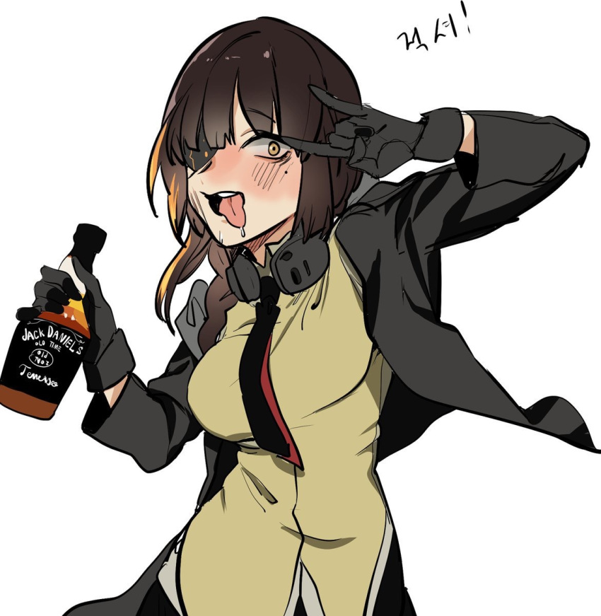 1girl artist_request black_gloves blush breasts cowboy_shot drunk eyepatch girls_frontline gloves highres jack_daniel's looking_at_viewer m16a1_(girls_frontline) tongue tongue_out white_background yellow_eyes