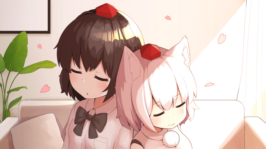 2girls animal_ears bare_shoulders black_hair black_ribbon collared_shirt couch detached_sleeves hat highres inubashiri_momiji multiple_girls petals plant pom_pom_(clothes) ribbon ribbon-trimmed_sleeves ribbon_trim saisoku_no_yukkuri shameimaru_aya shirt short_hair sleeping sleeveless sleeveless_shirt sunlight tokin_hat touhou turtleneck white_hair white_shirt wolf_ears