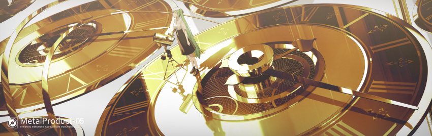 1girl absurdres black_skirt clock clock_hands commentary gold green_eyes green_hair hatsune_miku highres kieed long_hair long_skirt looking_up mary_janes reflection roman_numerals shirt shoes skirt socks solo standing telescope twintails very_long_hair vocaloid white_shirt wide_shot