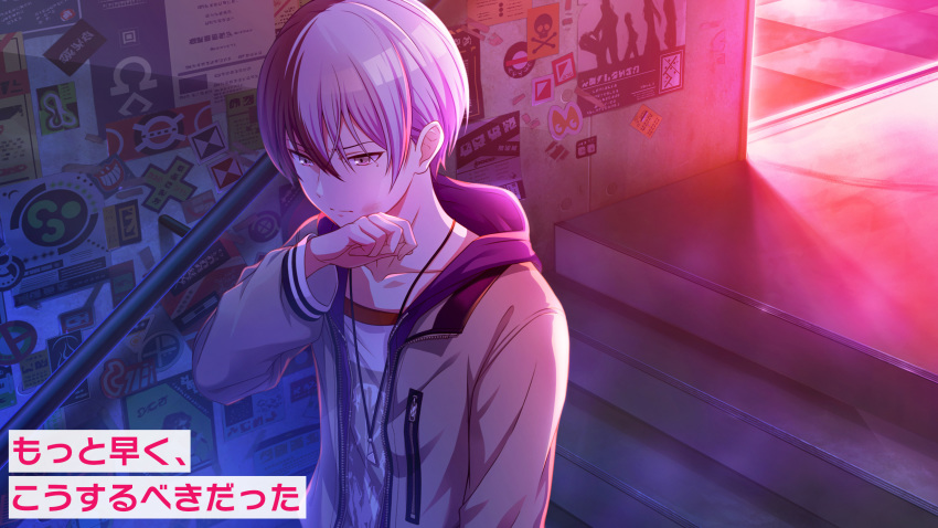 1boy aoyagi_touya black_hair grey_eyes grey_jacket highres hood hoodie jacket jewelry long_sleeves male_focus multicolored_hair necklace official_art open_clothes open_hoodie open_jacket project_sekai purple_hoodie shirt silver_hair solo translated two-tone_hair white_shirt