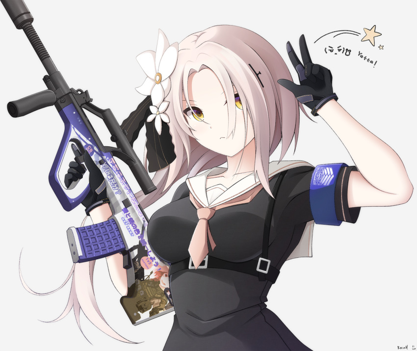 1girl alternate_costume arm_up armband assault_rifle aug_(girls_frontline) bangs belt black_dress black_gloves breasts bullpup collarbone dress english_commentary flower girls_frontline gloves grey_background gun hair_flower hair_ornament hair_ribbon highres holding holding_gun holding_weapon keenh long_hair looking_at_viewer necktie parted_bangs pink_hair ribbon rifle short_sleeves simple_background solo star steyr_aug upper_body v weapon yellow_eyes