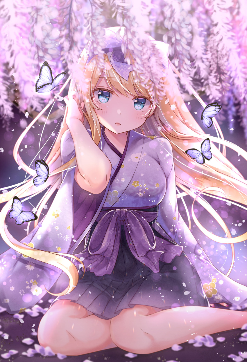 1girl absurdres blonde_hair blue_eyes bow bug butterfly emori_miku_project emu_alice flower gomano_rio hair_bow hakama hand_up highres insect japanese_clothes kimono long_hair looking_at_viewer obi parted_lips petals purple_bow purple_flower purple_kimono purple_ribbon ribbon sash sitting solo wide_sleeves wisteria yokozuwari