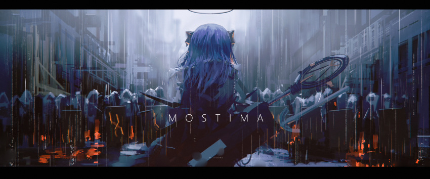1girl alcxome arknights artist_name back black_coat blue_hair character_name coat cowboy_shot crowd demon_horns english_commentary from_behind fur-trimmed_coat fur_trim halo highres horns letterboxed medium_hair mostima_(arknights) outdoors rain road shield solo_focus staff street