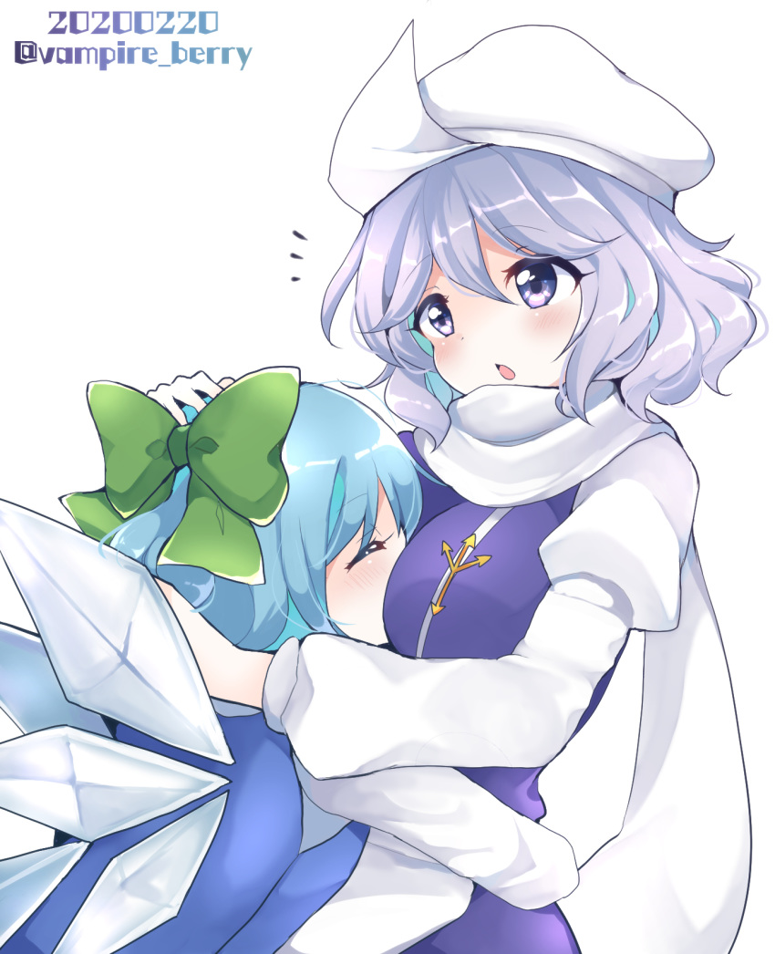 2girls artist_name bangs blouse blue_dress blue_eyes blue_hair blush bow cirno curvy dress eyebrows_visible_through_hair green_bow highres hug ice ice_wings lavender_hair letty_whiterock long_sleeves multiple_girls open_mouth ougi_hina ribbon scarf shirt short_hair simple_background touhou white_background white_blouse white_scarf white_shirt wings