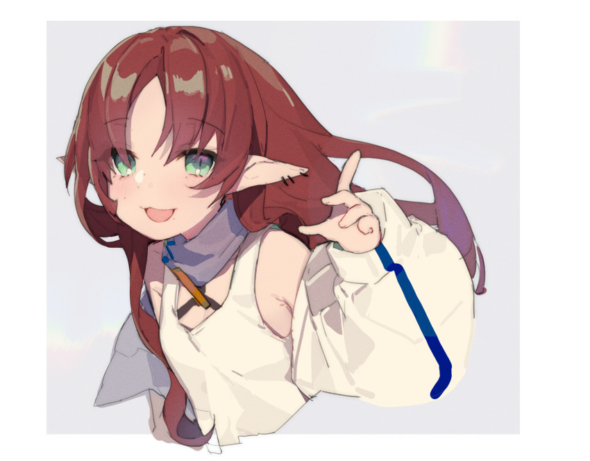 1girl :3 :d acidear arknights bangs bare_shoulders collar cropped_torso earrings flat_chest freckles green_eyes highres jacket jewelry long_hair long_sleeves looking_at_viewer myrtle_(arknights) off_shoulder open_mouth parted_bangs pointy_ears puffy_sleeves redhead shirt sidelocks sleeveless sleeveless_shirt slit_pupils smile solo white_jacket white_shirt