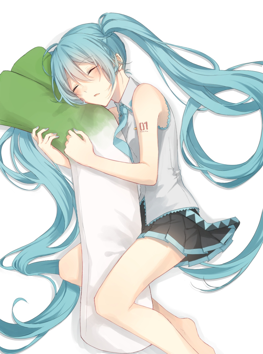 1girl aqua_hair aqua_nails aqua_neckwear bare_shoulders barefoot black_skirt body_pillow closed_eyes commentary_request feet_out_of_frame grey_shirt hatsune_miku highres light_blush long_hair lying nail_polish nanace_0 necktie object_hug on_side parted_lips shirt shoulder_tattoo skirt sleeping sleeveless sleeveless_shirt solo spring_onion tattoo twintails very_long_hair vocaloid white_background