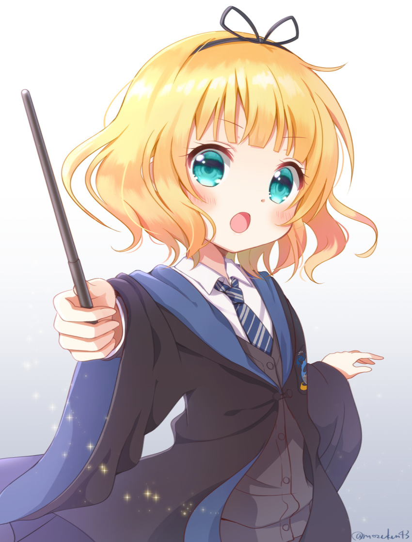 1girl alternate_costume aqua_eyes artist_name blonde_hair blue_neckwear blush collared_shirt cosplay eyebrows_visible_through_hair gochuumon_wa_usagi_desu_ka? grey_neckwear harry_potter highres hogwarts_school_uniform kirima_sharo looking_at_viewer mozukun43 multicolored_neckwear necktie open_mouth school_uniform shirt short_hair solo striped striped_neckwear twitter_username upper_body wand wavy_hair white_shirt