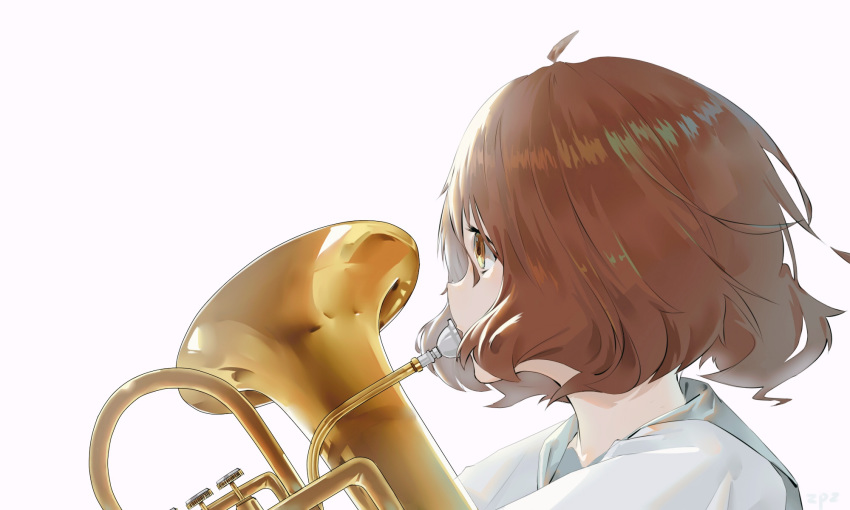 1girl ahoge backlighting brown_eyes brown_hair chinese_commentary commentary euphonium from_side hibike!_euphonium highres holding holding_instrument instrument looking_to_the_side neckerchief oumae_kumiko parted_lips portrait sailor_collar school_uniform serafuku short_hair simple_background solo white_background zifu_z