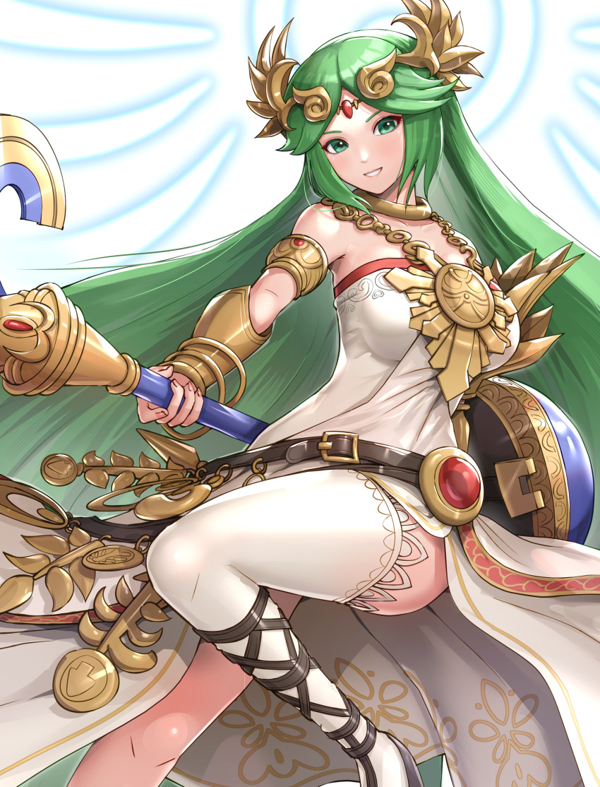 absurdres armlet belt breasts dress forehead_jewel gonzarez high_heels highres jewelry kid_icarus large_breasts laurel_crown legs long_legs multiple_belts palutena pendant pit_(kid_icarus) sandals side_slit single_thighhigh strapless strapless_dress thigh-highs thighs tiara vambraces white_legwear