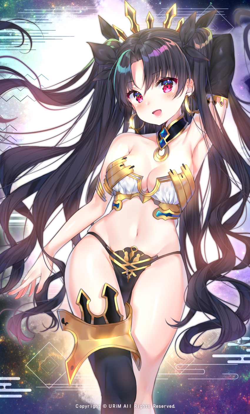 1girl arm_behind_head arm_up armlet armpits asymmetrical_legwear asymmetrical_sleeves bangs bare_shoulders black_bikini_bottom black_hair blush breasts detached_collar detached_sleeves earrings ereshkigal_(fate/grand_order) fate/grand_order fate_(series) gold_trim highres hoop_earrings ishtar_(fate)_(all) jewelry large_breasts long_hair looking_at_viewer navel neck_ring open_mouth parted_bangs red_eyes single_detached_sleeve smile solo tiara two_side_up urim_(paintur) white_bikini_top