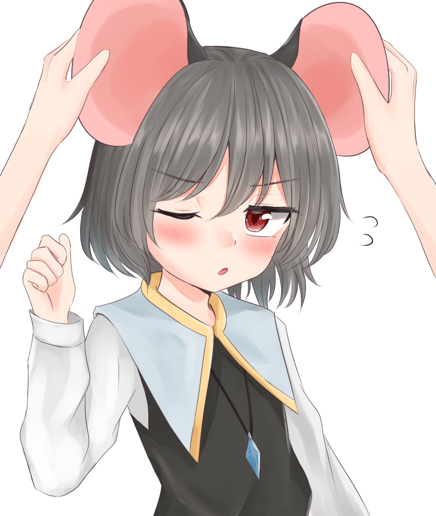 1girl animal_ears bangs blush brown_eyes capelet dakuazu embarrassed eyebrows_visible_through_hair grey_hair grey_vest hand_up highres jewelry long_sleeves mouse_ears nazrin one_eye_closed pendant shirt short_hair sweatdrop touching_ears touhou upper_body vest white_background white_shirt