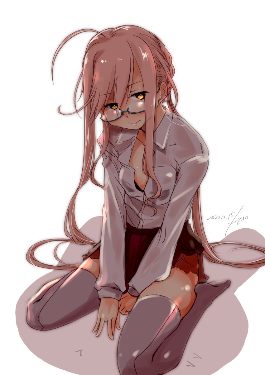 1girl ahoge braid brown_skirt commentary_request crown_braid dated dress_shirt full_body fyuo glasses grey_legwear highres kantai_collection long_hair long_sleeves looking_at_viewer makigumo_(kantai_collection) pink_hair pleated_skirt remodel_(kantai_collection) shirt simple_background sitting skirt solo thigh-highs twintails wariza white_background white_shirt