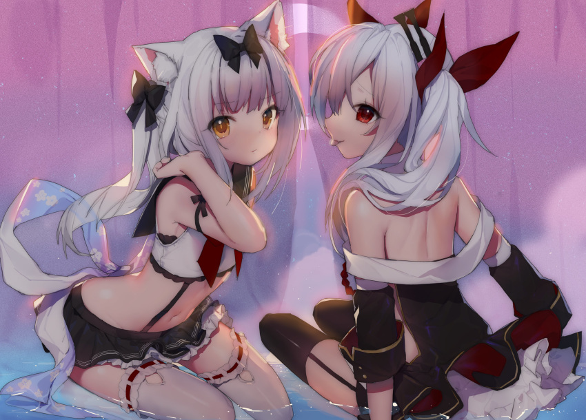 2girls absurdres acidear animal_ear_fluff animal_ears arm_ribbon azur_lane back bare_shoulders black_bow black_dress black_legwear black_skirt bow cat_ears crop_top curtains dress fang from_behind frown garter_straps hair_bow hair_ribbon hand_up highres long_hair looking_at_viewer looking_back midriff miniskirt multiple_girls navel neckerchief off-shoulder_dress off_shoulder orange_eyes profile red_eyes red_ribbon ribbon sailor_collar school_uniform serafuku shirt sitting skirt sleeveless sleeveless_shirt stomach suspenders thigh-highs tongue tongue_out two_side_up vampire_(azur_lane) water white_hair white_legwear white_ribbon white_shirt yukikaze_(azur_lane) zettai_ryouiki