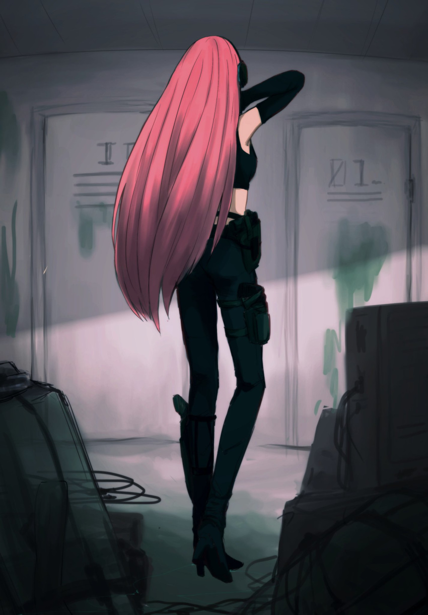 1girl belt black_footwear black_gloves black_pants black_tubetop cable commentary elbow_gloves from_behind gloves hand_in_hair hand_up headphones high_heels highres indoors locker long_hair megurine_luka moa0291 pants pink_hair solo standing strap strapless tubetop vocaloid