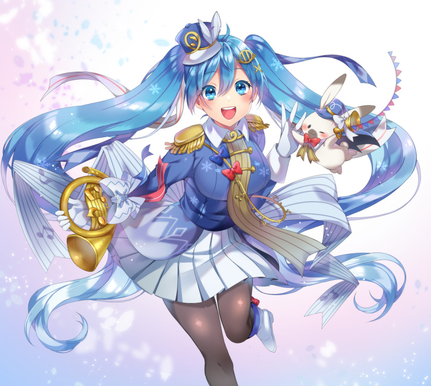 1girl band_uniform beamed_eighth_notes black_legwear blue_eyes blue_hair blue_headwear blue_jacket blush bow bowtie commentary eighth_note epaulettes eryu_kamemura french_horn gloves hair_ornament hair_ribbon hairclip hand_up hat hat_feather hatsune_miku high_five highres holding holding_instrument instrument jacket leg_up long_hair looking_at_viewer mini_shako_cap miniskirt musical_note musical_note_print open_mouth pantyhose pleated_skirt rabbit rabbit_yukine ribbon shako_cap skirt smile snowflake_print standing string_of_flags twintails very_long_hair vocaloid white_bow white_footwear white_gloves white_skirt yuki_miku yuki_miku_(2020)