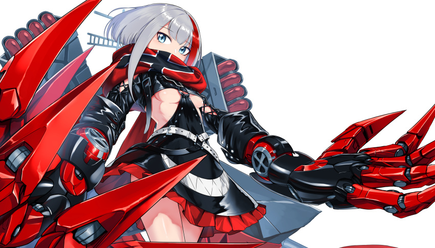 1girl absurdres admiral_graf_spee_(azur_lane) azur_lane highres iron_cross mechanical_hands multicolored_hair redhead rigging scarf seigetsu_kotaku silver_hair solo streaked_hair underboob_cutout