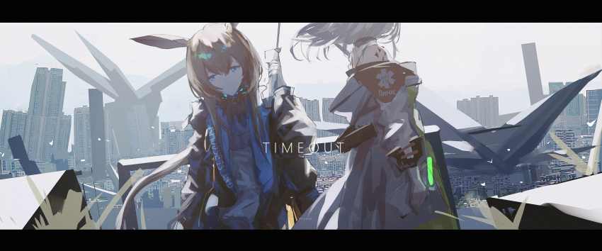 2girls alcxome amiya_(arknights) animal_ears arknights black_jacket blue_eyes brown_hair city closed_mouth coat collar cowboy_shot day english_commentary english_text frilled_collar frills hair_between_eyes highres jacket kal'tsit letterboxed long_hair multiple_girls off_shoulder ore_lesion_(arknights) outdoors phone ponytail rabbit_ears ruins russian_text shirt short_hair silver_hair white_coat white_shirt wind