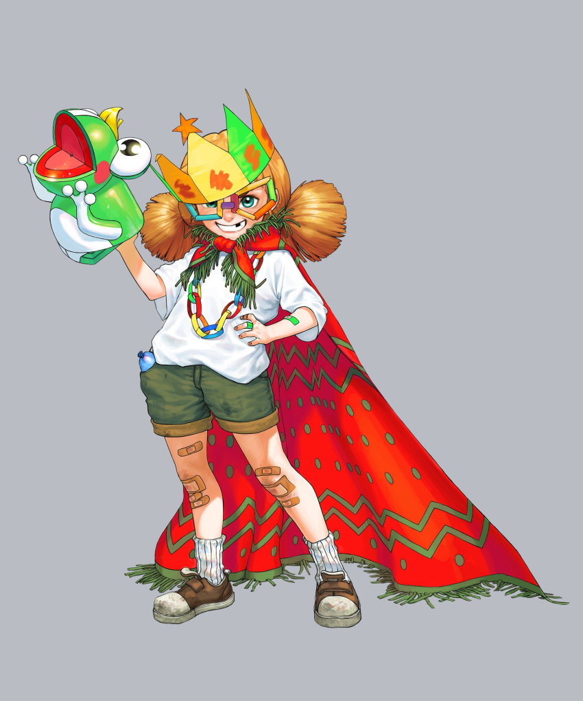 1girl :d bandaid bandaid_on_arm bandaid_on_finger bandaid_on_knee blue_eyes boots brown_footwear cape child colorful contrapposto crown dirty_clothes full_body glasses green_shorts grey_background grin hand_on_hip highres holding hosi_na lensless_glasses looking_at_viewer loose_clothes medium_hair missing_tooth open_mouth orange_hair original red_cape shirt short_sleeves shorts simple_background smile solo twintails white_shirt