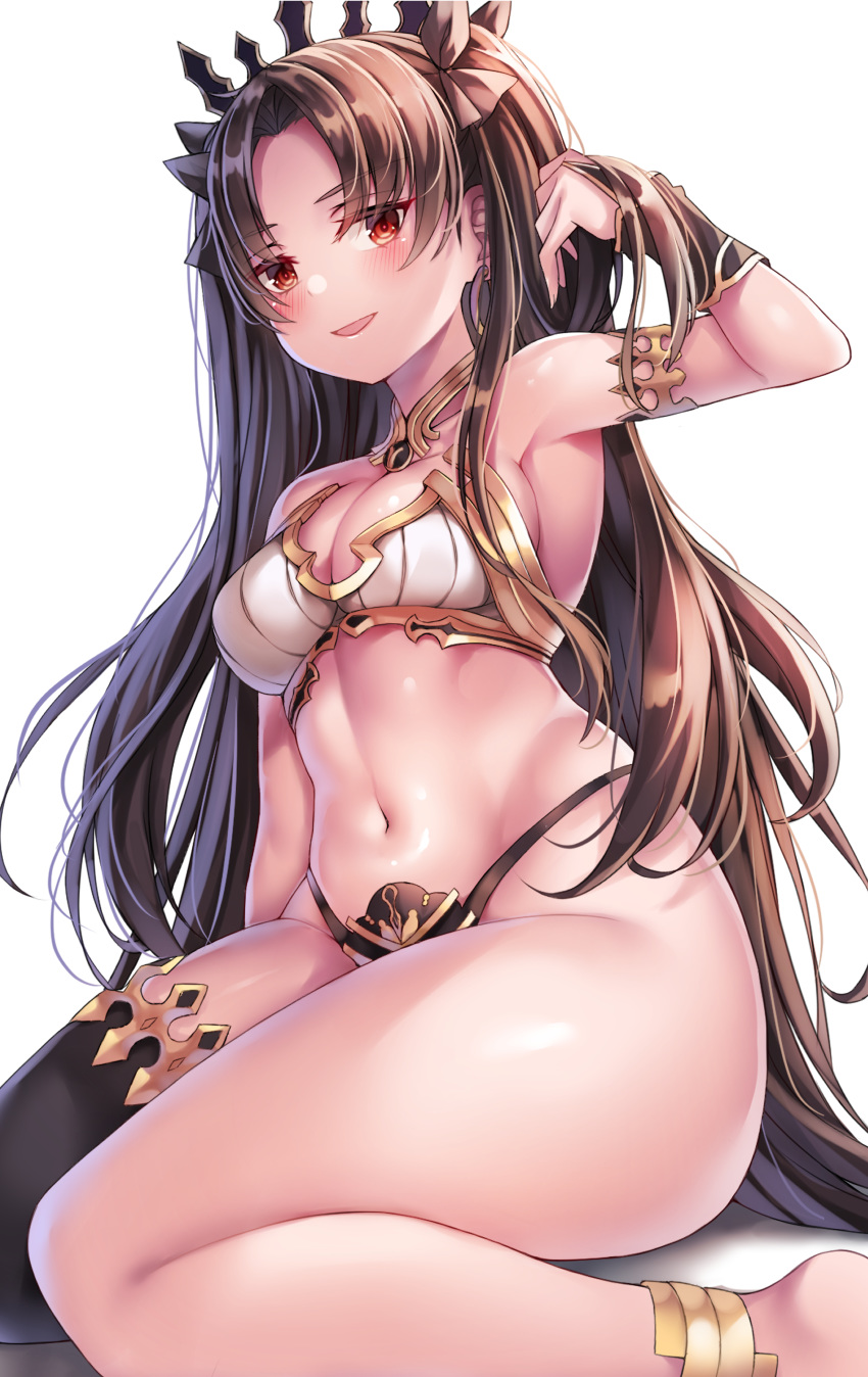 1girl absurdres anklet armlet asymmetrical_sleeves bangs bare_shoulders beeyan black_bikini_bottom black_ribbon blush breasts bridal_gauntlets crown detached_collar earrings fate/grand_order fate_(series) hair_ribbon highres hoop_earrings ishtar_(fate)_(all) ishtar_(fate/grand_order) jewelry long_hair looking_at_viewer navel parted_bangs red_eyes ribbon simple_background single_thighhigh sitting smile solo thick_thighs thigh-highs thighs tiara two_side_up wariza white_background white_bikini_top
