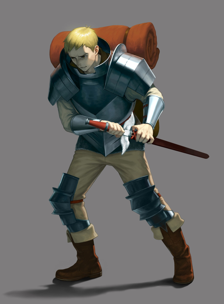 1boy absurdres armor backpack bag blonde_hair boots bracer breastplate brown_footwear clenched_teeth dungeon_meshi full_body grey_background grey_pants highres holding holding_sword holding_weapon hosi_na knee_pads laios_thorden legs_apart looking_down male_focus pants pauldrons scabbard sheath simple_background solo standing sword teeth tent unsheathing weapon yellow_eyes