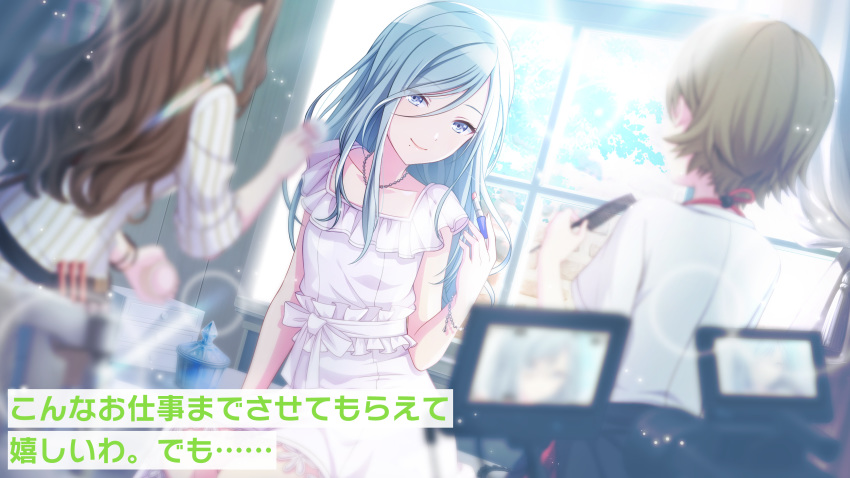 3girls bangs blue_eyes blue_hair brown_hair camera dress hair_between_eyes highres hinomori_shizuku jewelry light_blue_hair lipstick_tube long_hair looking_at_viewer mole multiple_girls necklace official_art pearl_necklace project_sekai short_hair short_sleeves smile solo_focus translated white_dress