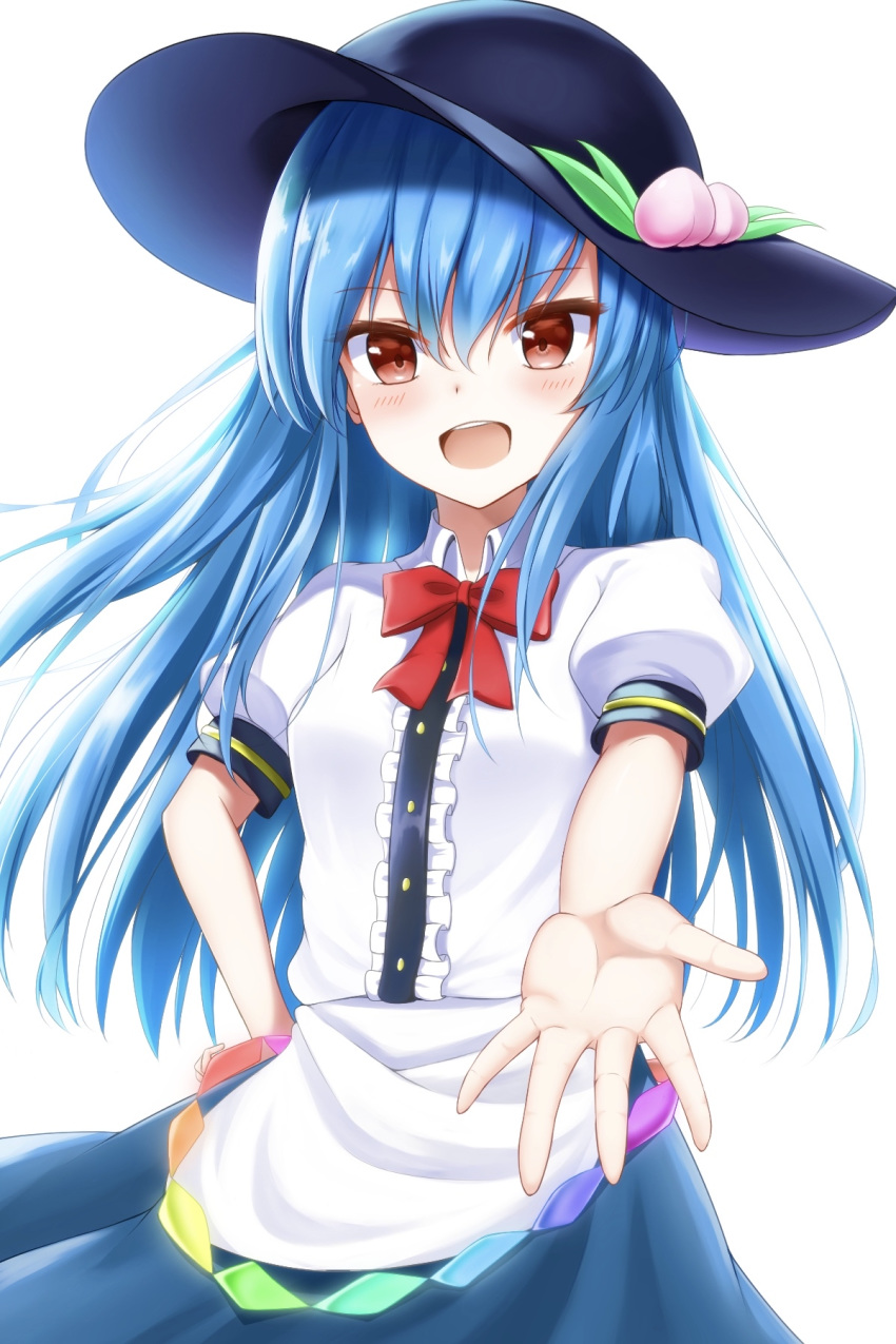 1girl apron black_headwear blouse blue_hair blue_skirt blush bow bowtie buttons cowboy_shot dress_shirt eyebrows_visible_through_hair food frills fruit hat highres hinanawi_tenshi leaf long_hair looking_at_viewer mirorizumu neck_ribbon open_mouth outstretched_arm peach puffy_short_sleeves puffy_sleeves rainbow_order red_bow red_eyes ribbon shirt short_sleeves simple_background skirt smile touhou white_background white_blouse white_shirt wing_collar