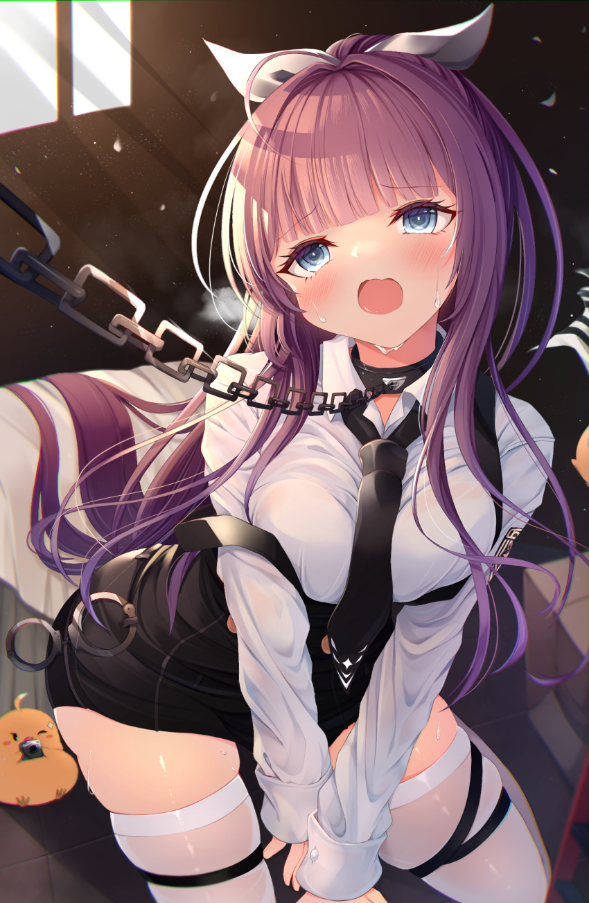 1girl alternate_breast_size azur_lane black_neckwear black_shorts blue_eyes blush bound breasts camera chain collar cuffs eyebrows_visible_through_hair hair_ribbon high-waist_shorts highres large_breasts long_hair looking_at_viewer manjuu_(azur_lane) necktie nya_rl open_mouth ponytail purple_hair ribbon shirt short_shorts shorts suspender_shorts suspenders sweatdrop tashkent_(azur_lane) tashkent_(the_bound_cruiser)_(azur_lane) thigh-highs thighs white_legwear white_shirt window