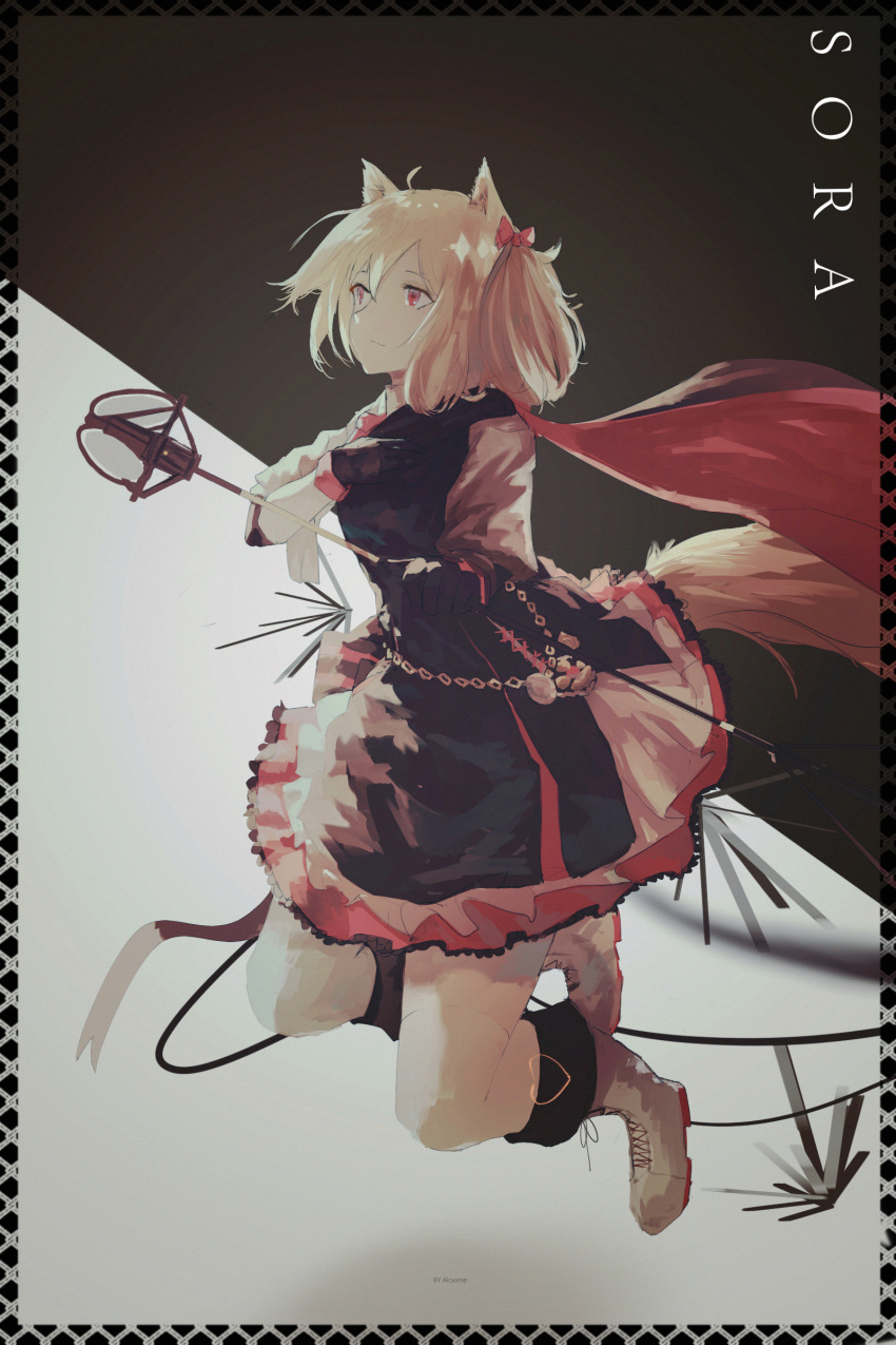 1girl absurdres ahoge alcxome animal_ears arknights artist_name black_background black_dress black_gloves blonde_hair boots border closed_mouth cross-laced_footwear dress english_commentary floating fox_ears fox_tail frilled_dress frills full_body gloves grey_background hand_on_own_chest highres looking_up medium_hair red_eyes red_scarf scarf simple_background solo sora_(arknights) staff tail thigh-highs thighs twintails two-tone_background white_footwear white_legwear