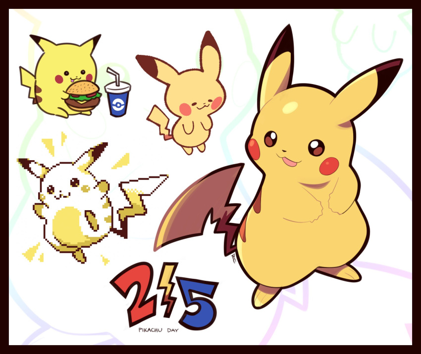 :3 :d art_shift artsy-rc black_border border commentary cup dated drinking_glass drinking_straw english_commentary food gen_1_pokemon hamburger highres holding holding_food looking_at_viewer no_humans open_mouth pikachu pikachu_day pixel_art pokemon pokemon_(creature) signature smile