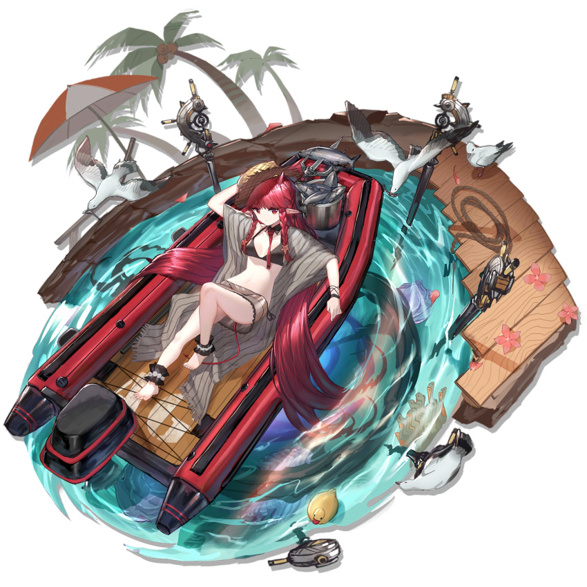 ankle_cuffs arknights arm_up bangs bare_legs barefoot beach_umbrella bikini bikini_skirt bird black_bikini braid geya_(yoomario) hat highres horn long_hair looking_at_viewer lying miniskirt official_art on_back palm_tree pointy_ears red_eyes redhead rubber_duck see-through shawl skirt sun_hat swimsuit thighs transparent_background tree twin_braids umbrella very_long_hair vigna_(arknights) water